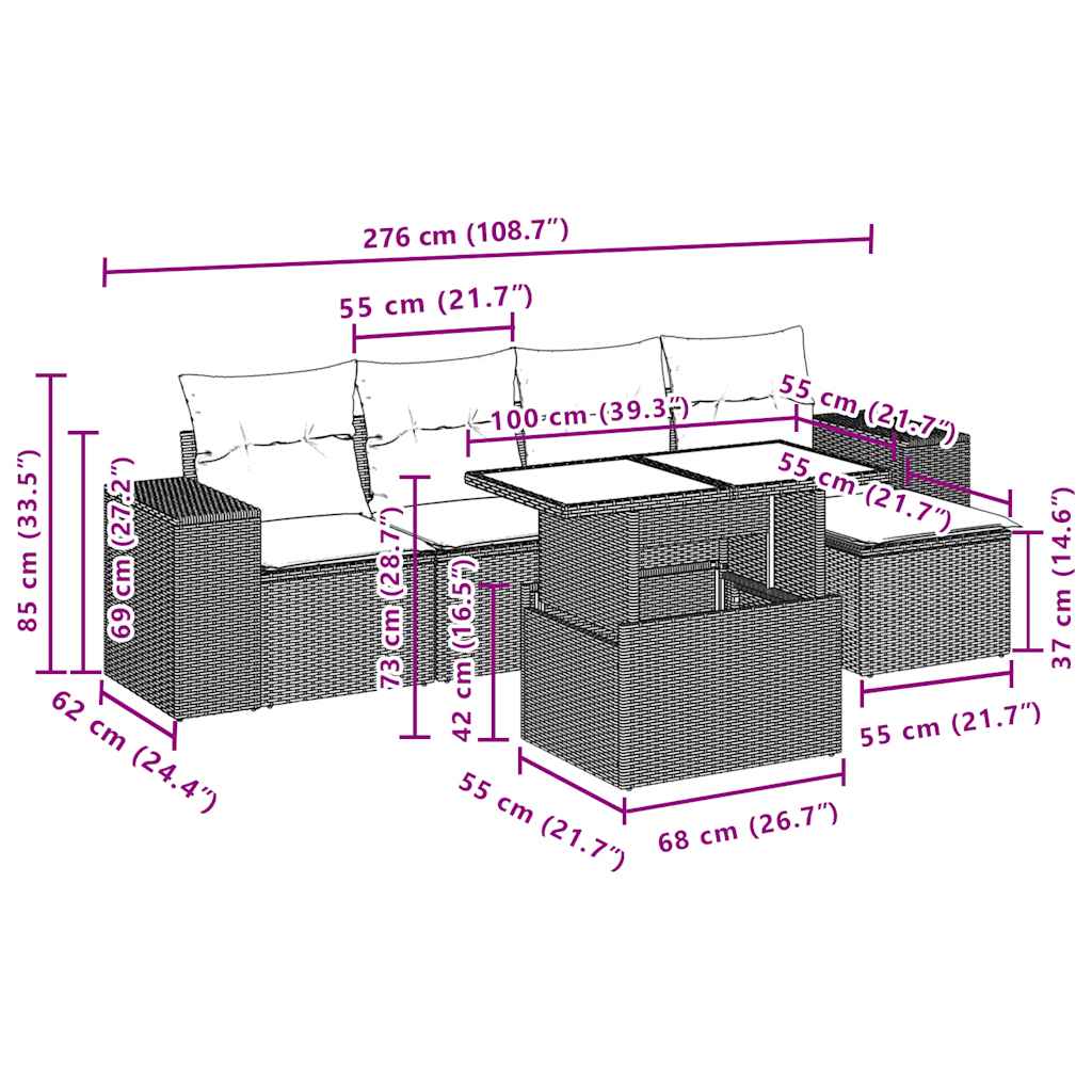 Ensemble de canapé de jardin 6 pcs avec coussins gris résine tressée