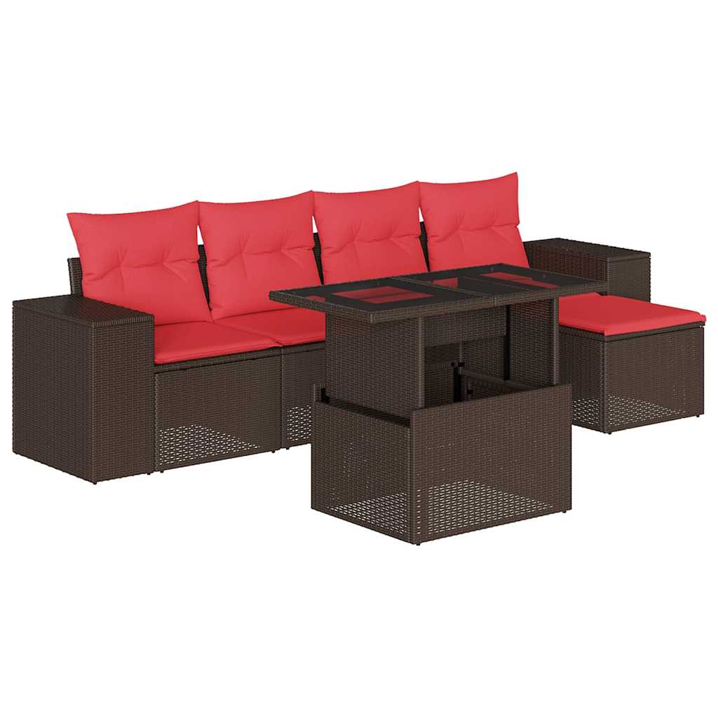 Ensemble de canapé de jardin 6 pcs avec coussins marron résine tressée