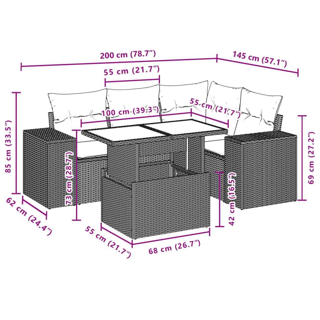 Salon de jardin avec coussins 5 pcs marron résine tressée