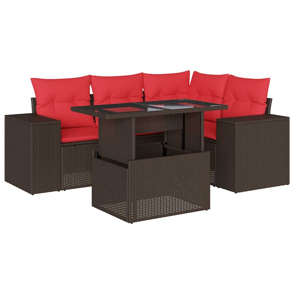Ensemble de canapé de jardin 5 pcs avec coussins marron résine tressée