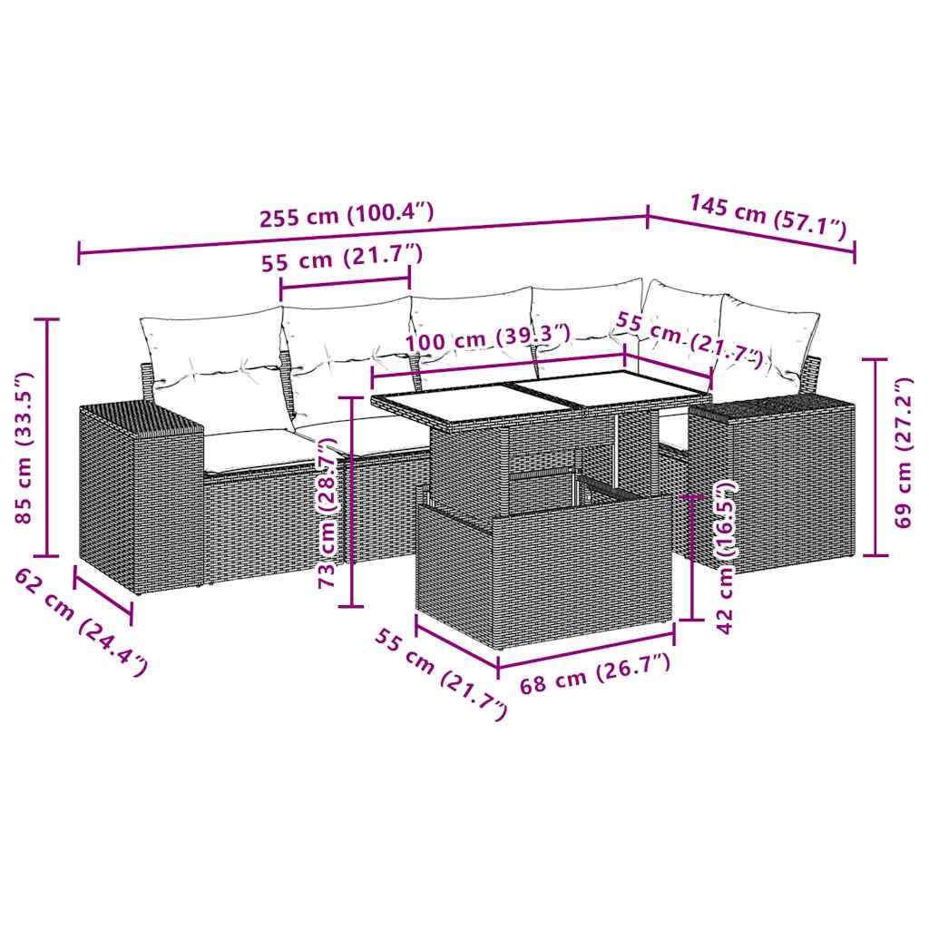 Ensemble de canapé de jardin 6 pcs avec coussins gris résine tressée