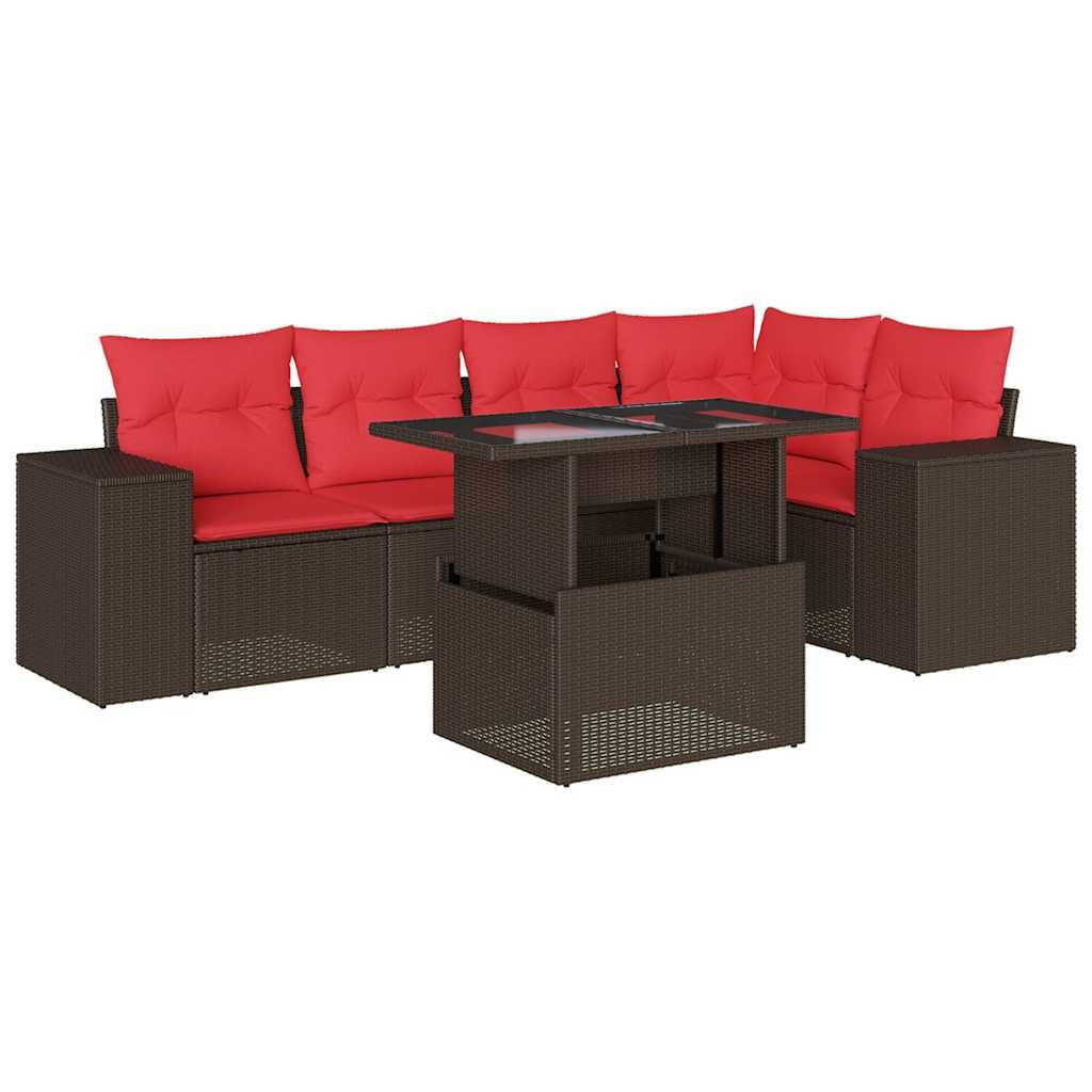 Ensemble de canapé de jardin 6 pcs avec coussins marron résine tressée