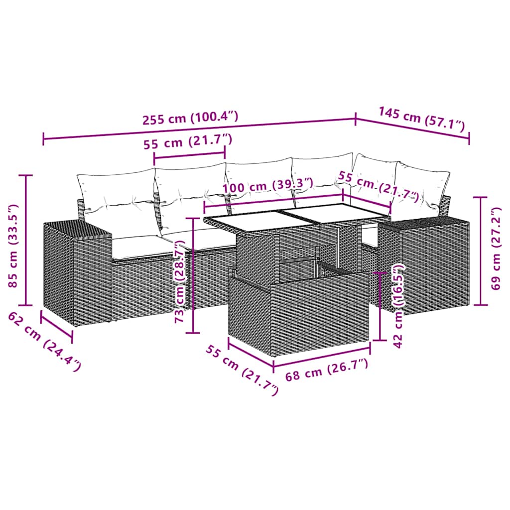 Ensemble de canapé de jardin 6 pcs avec coussins marron résine tressée