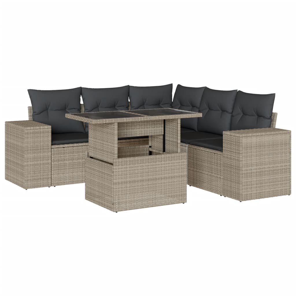 Salon de jardin 6 pcs avec coussins gris clair résine tressée
