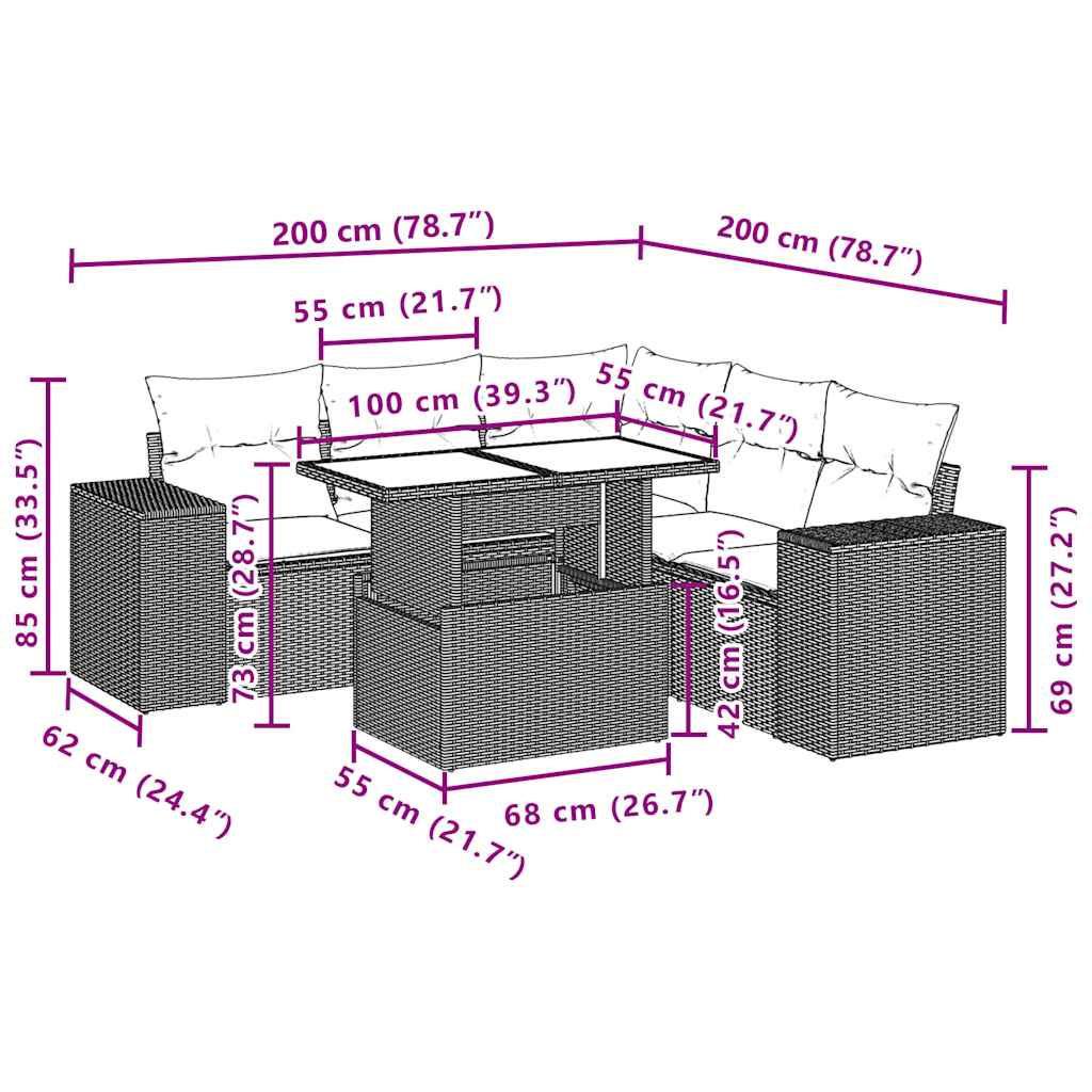 Ensemble de canapé de jardin 6 pcs avec coussins marron résine tressée