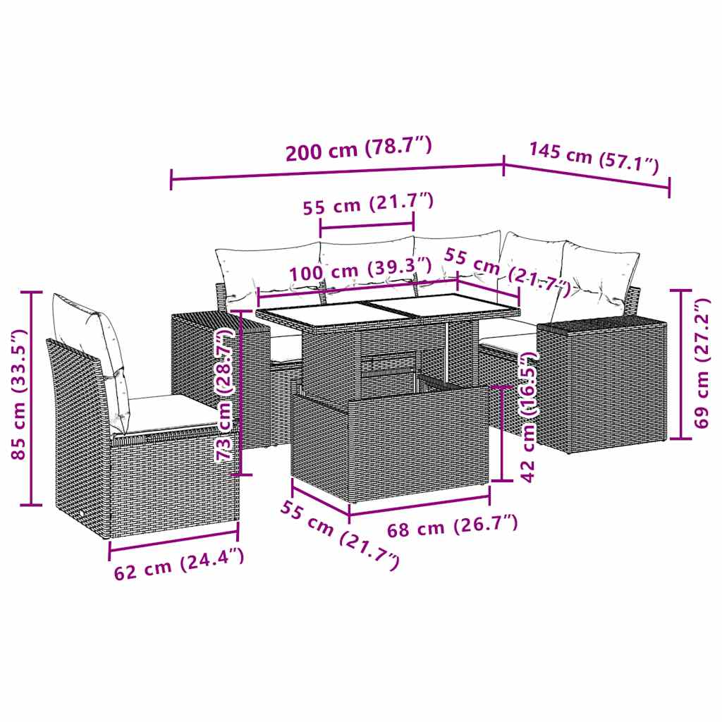 Ensemble de canapé de jardin 6 pcs avec coussins gris résine tressée