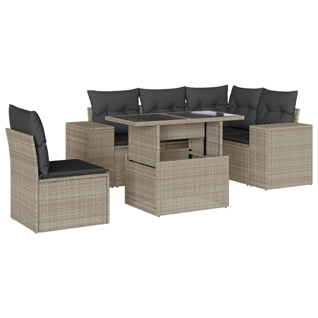 Salon de jardin 6 pcs avec coussins gris clair résine tressée