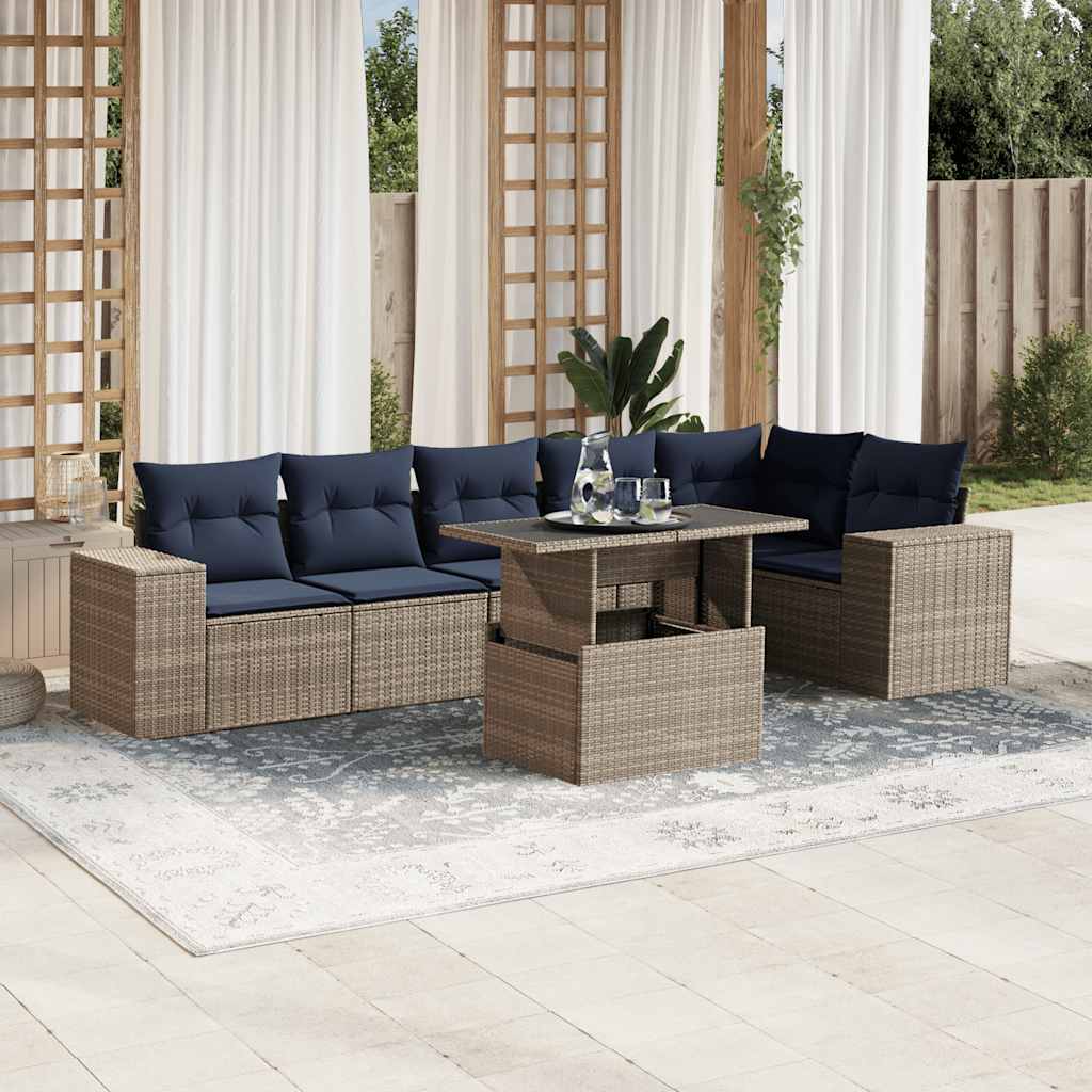 Ensemble de canapé de jardin 7 pcs avec coussins gris résine tressée