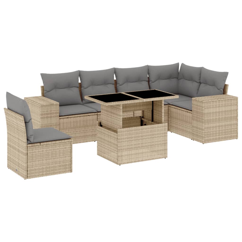 Salon de jardin avec coussins 7 pcs beige résine tressée