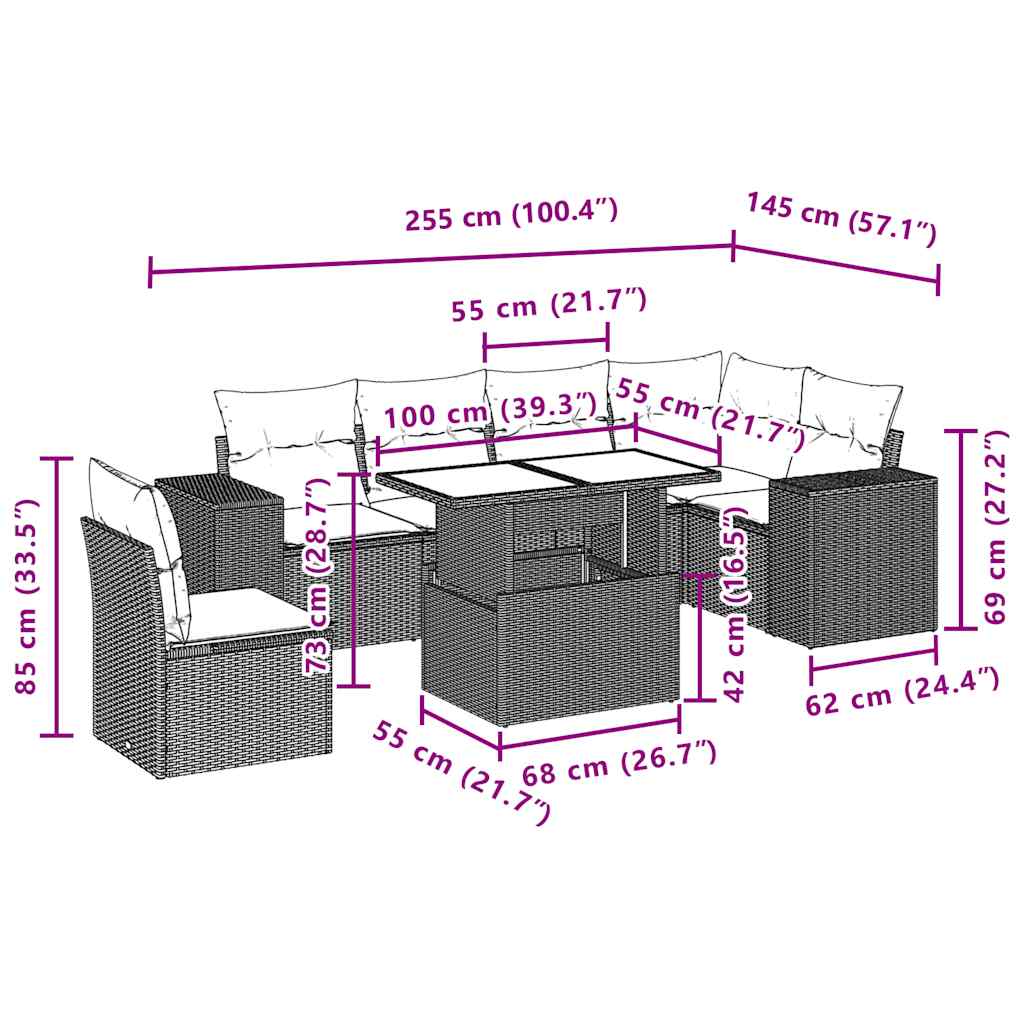 Ensemble de canapé de jardin 7 pcs avec coussins gris résine tressée