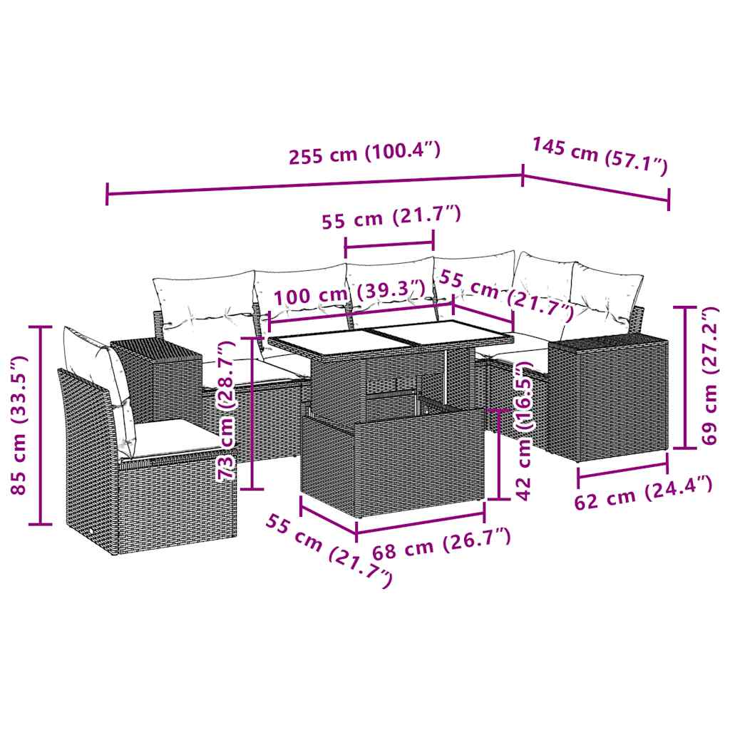 Ensemble de canapé de jardin 7 pcs avec coussins marron résine tressée