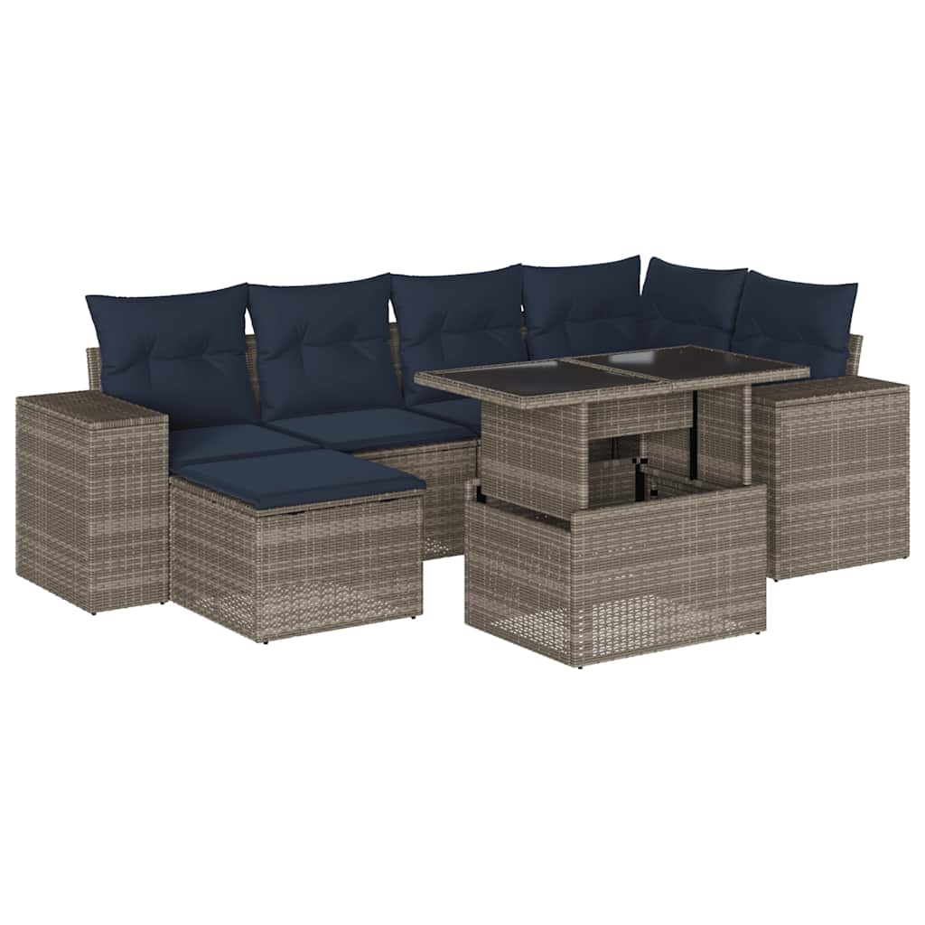 Ensemble de canapé de jardin 7 pcs avec coussins gris résine tressée