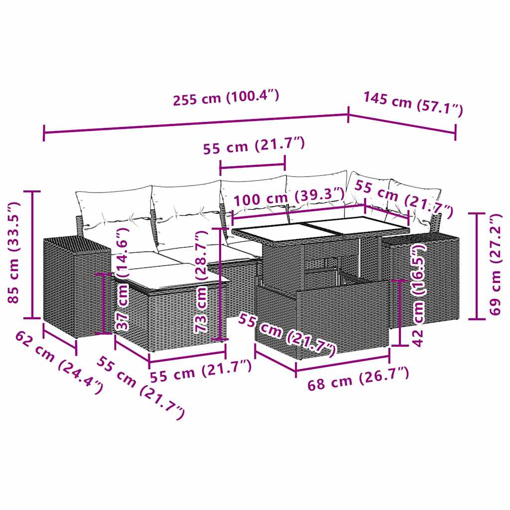 Ensemble de canapé de jardin 7 pcs avec coussins gris résine tressée
