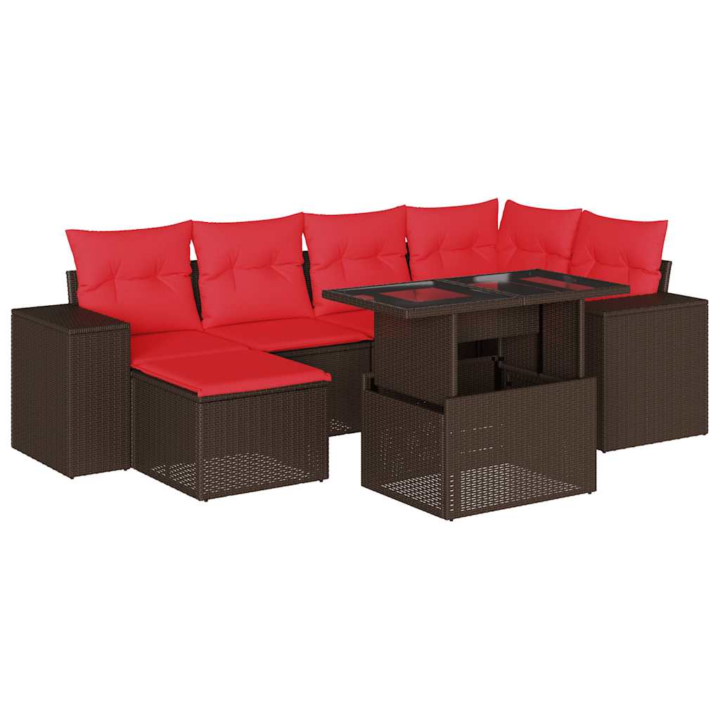 Ensemble de canapé de jardin 7 pcs avec coussins marron résine tressée