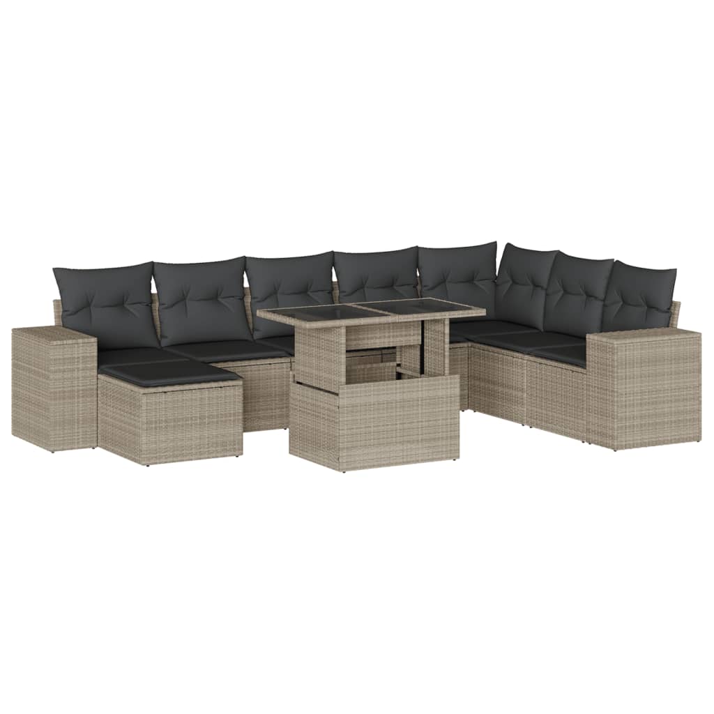 Salon de jardin 9 pcs avec coussins gris clair résine tressée