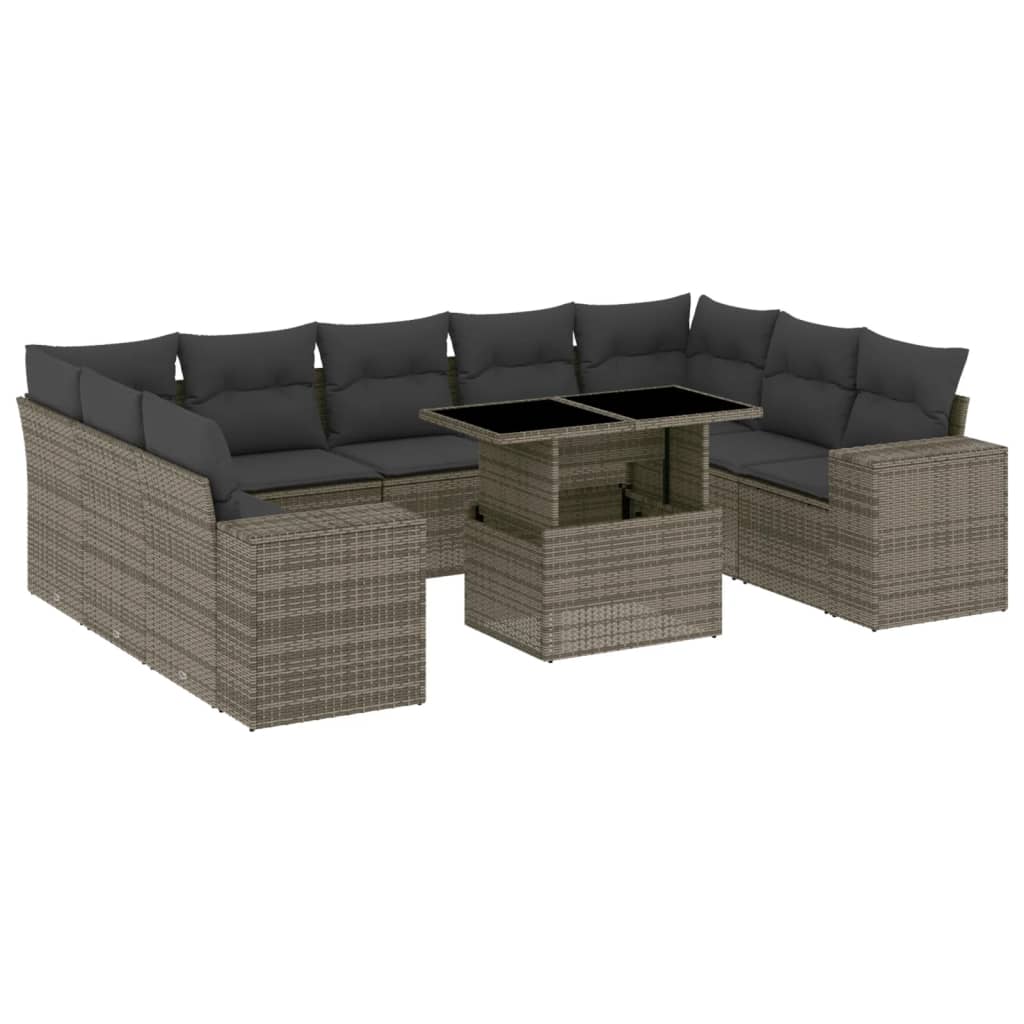 Salon de jardin avec coussins 10 pcs gris résine tressée