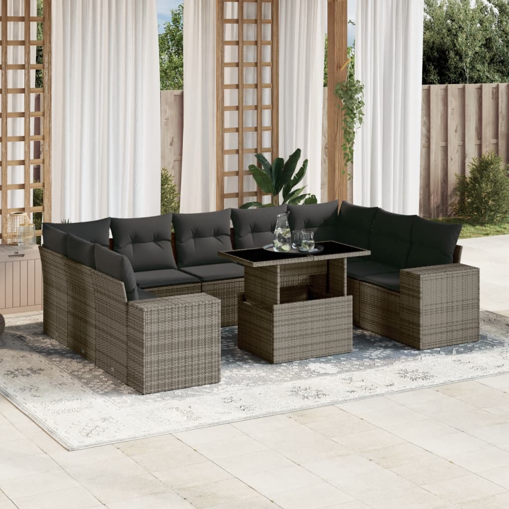 Salon de jardin avec coussins 10 pcs gris résine tressée