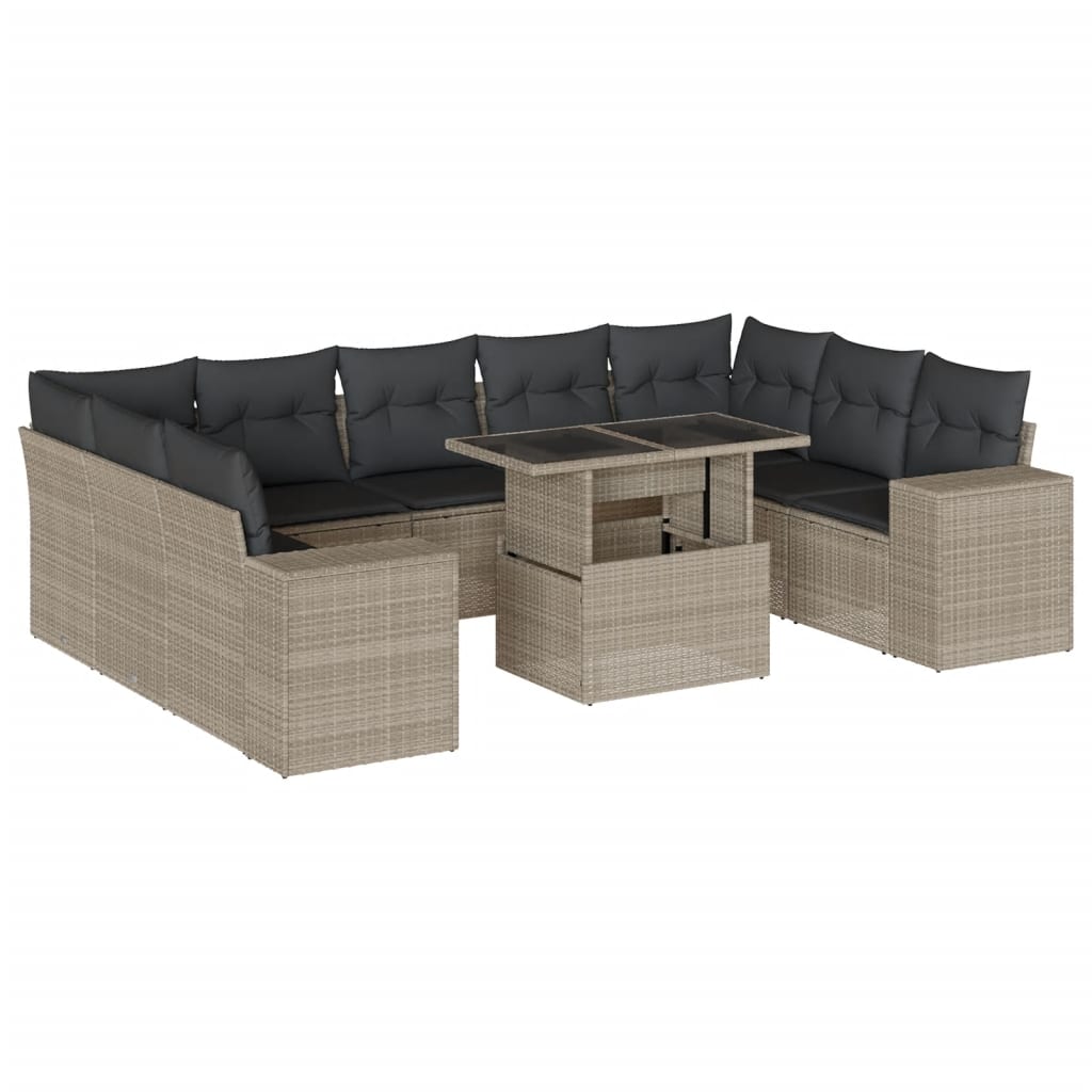 Salon de jardin avec coussins 10 pcs gris clair résine tressée
