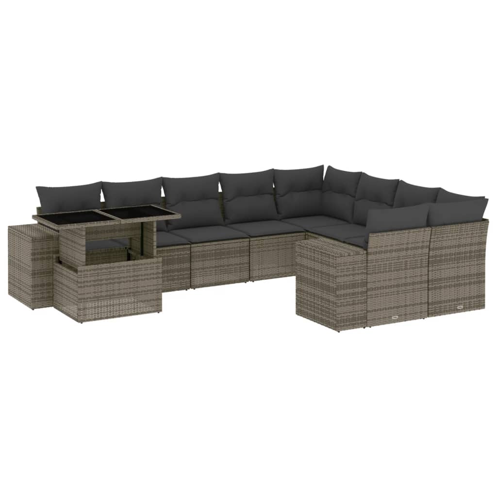 Salon de jardin avec coussins 10 pcs gris résine tressée