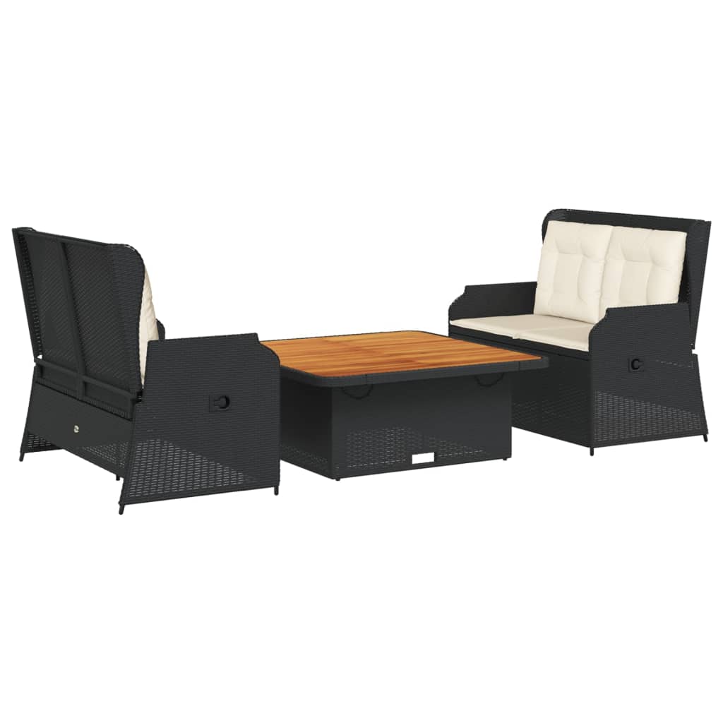 Salon de jardin 3 pcs avec coussins Noir Résine tressée