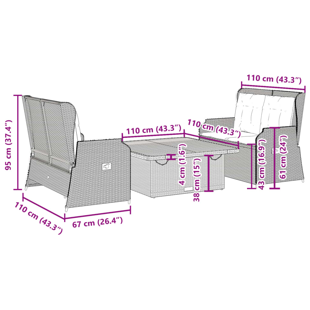Salon de jardin avec coussins 3 pcs beige résine tressée