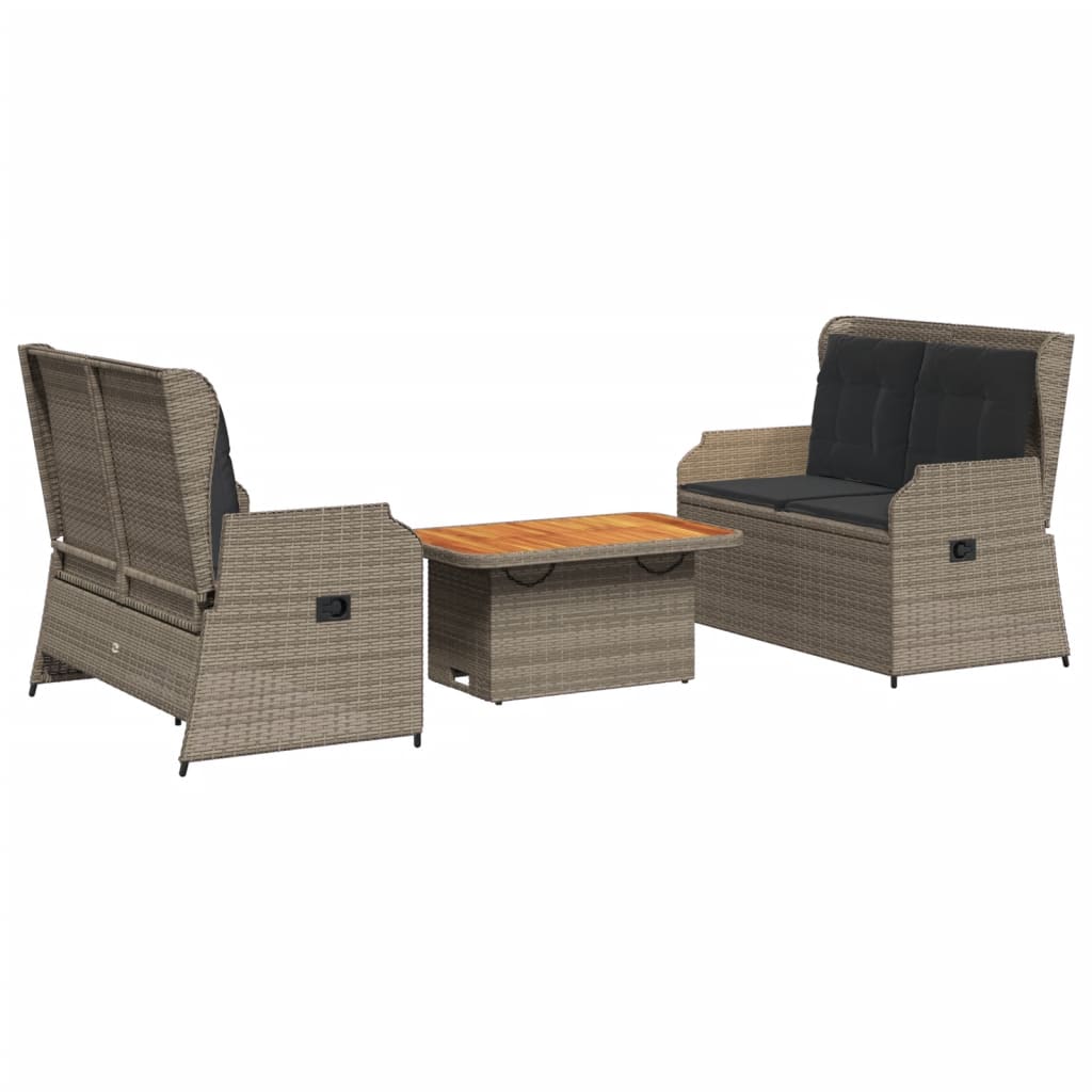 Salon de jardin 3 pcs avec coussins Gris Résine tressée