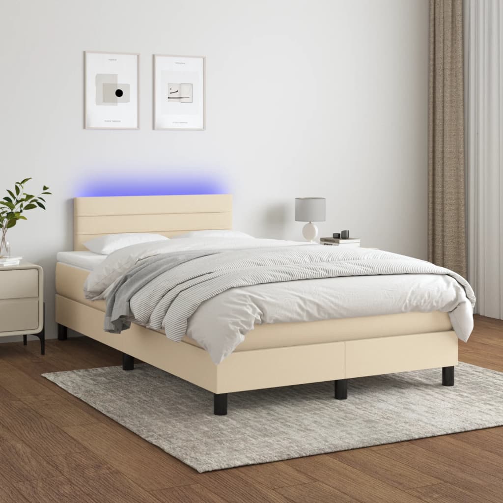 Sommier à lattes de lit matelas et LED crème 120x190 cm tissu - XIOS