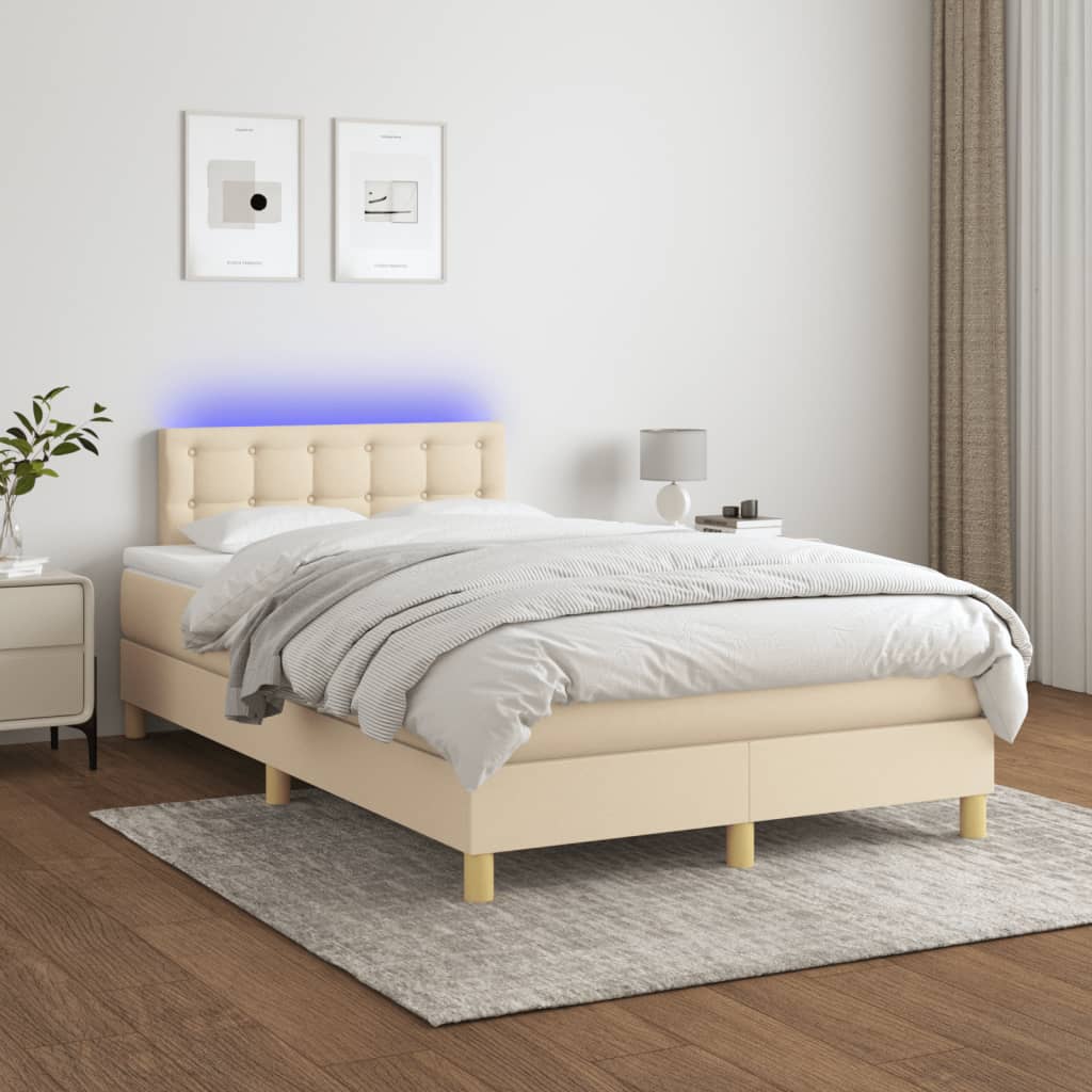 Sommier à lattes de lit matelas et LED crème 120x190 cm tissu - XIOS