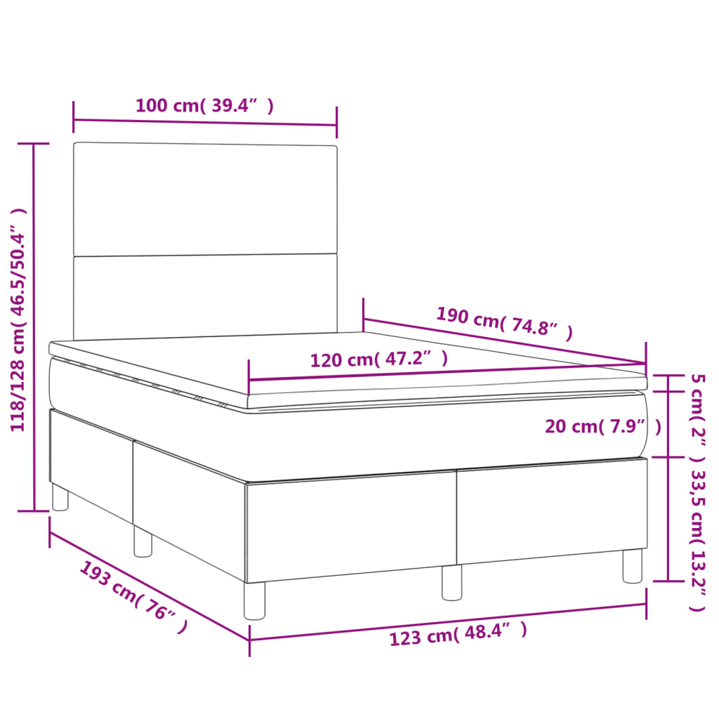 Sommier à lattes de lit et matelas LED noir 120x190 cm velours - XIOS
