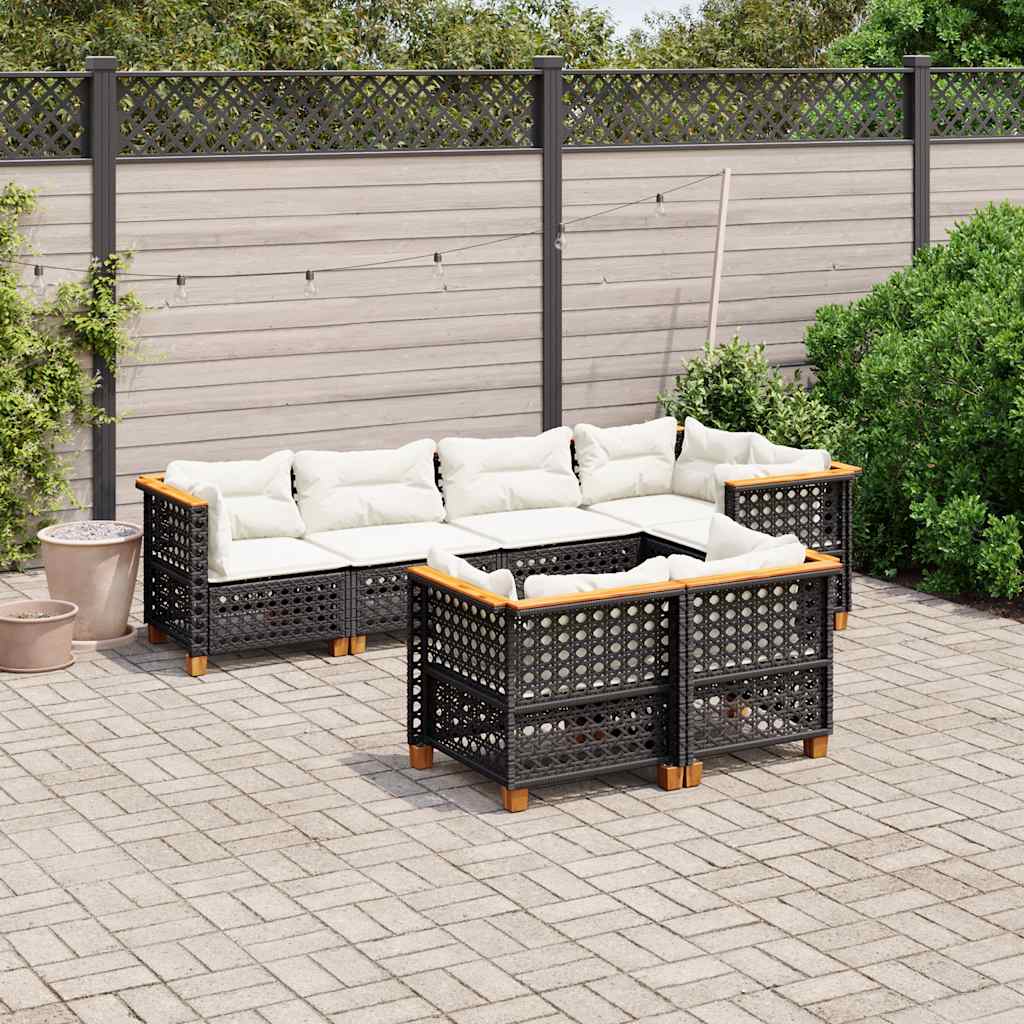 Salon de jardin 7 pcs avec coussins noir résine tressée