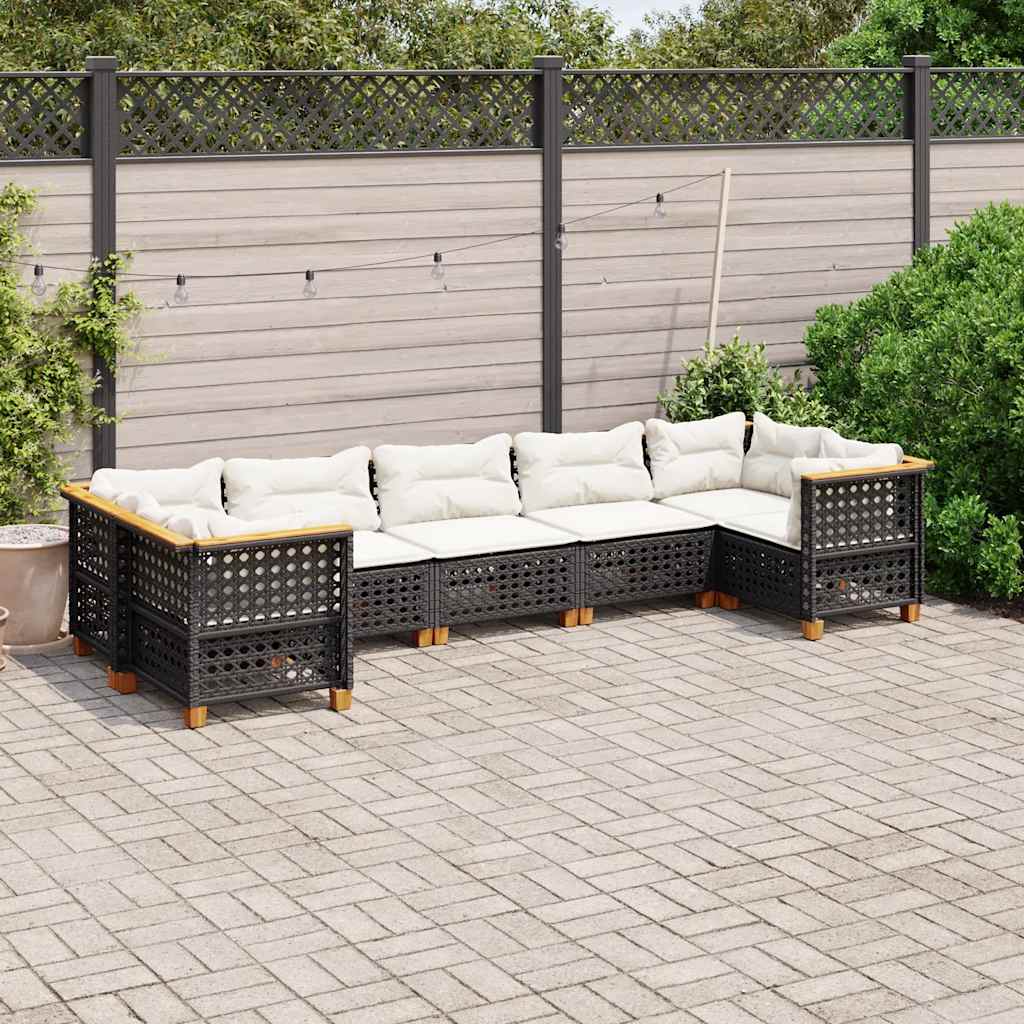Salon de jardin 7 pcs avec coussins noir résine tressée