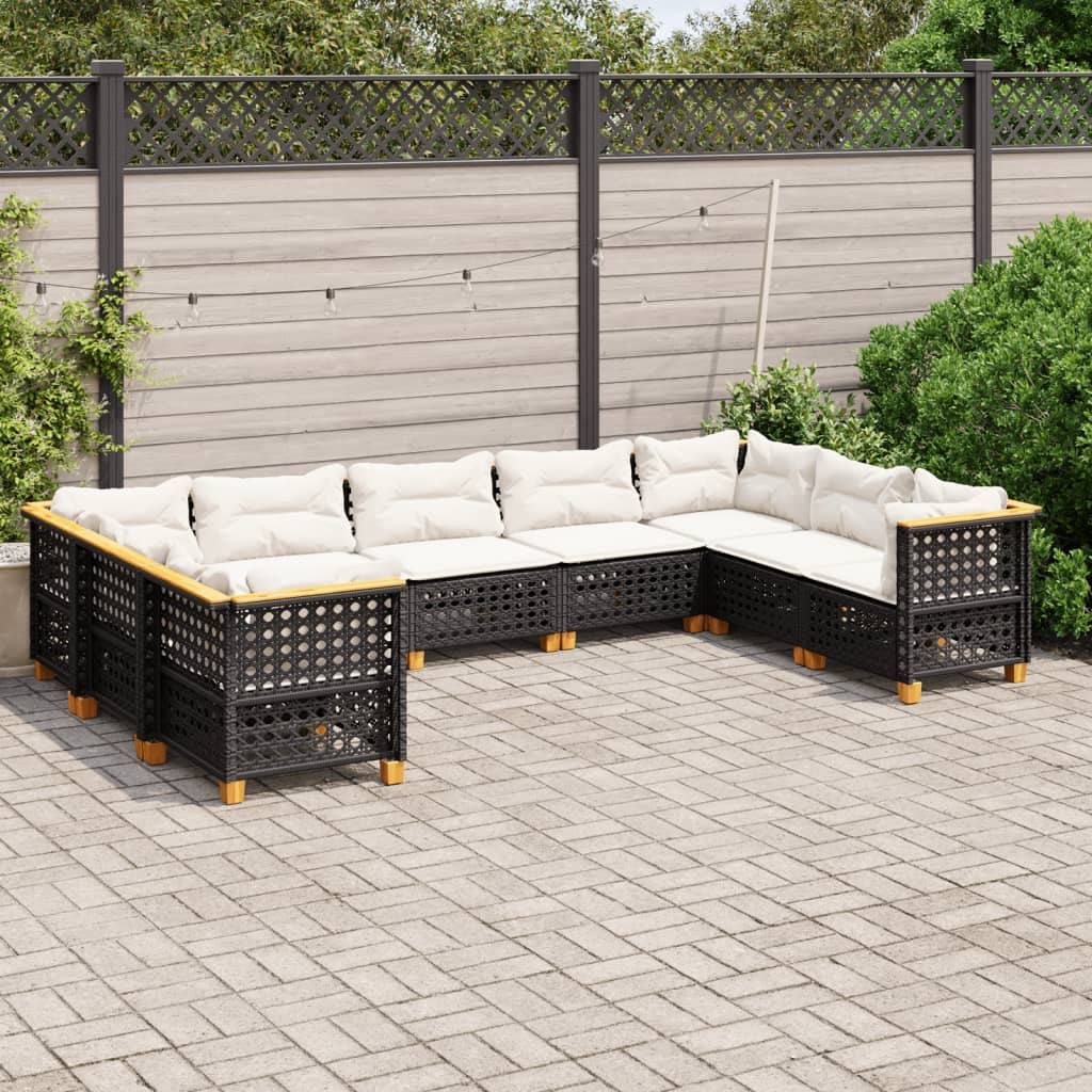 Salon de jardin 9 pcs avec coussins noir résine tressée