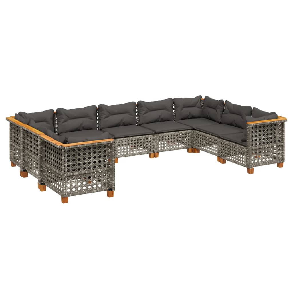 Salon de jardin 9 pcs avec coussins gris résine tressée