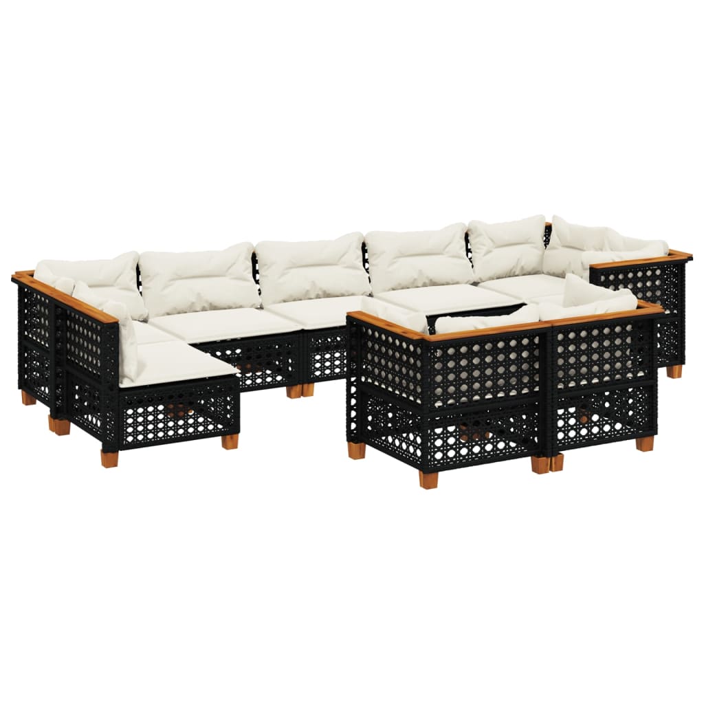 Salon de jardin 9 pcs avec coussins noir résine tressée
