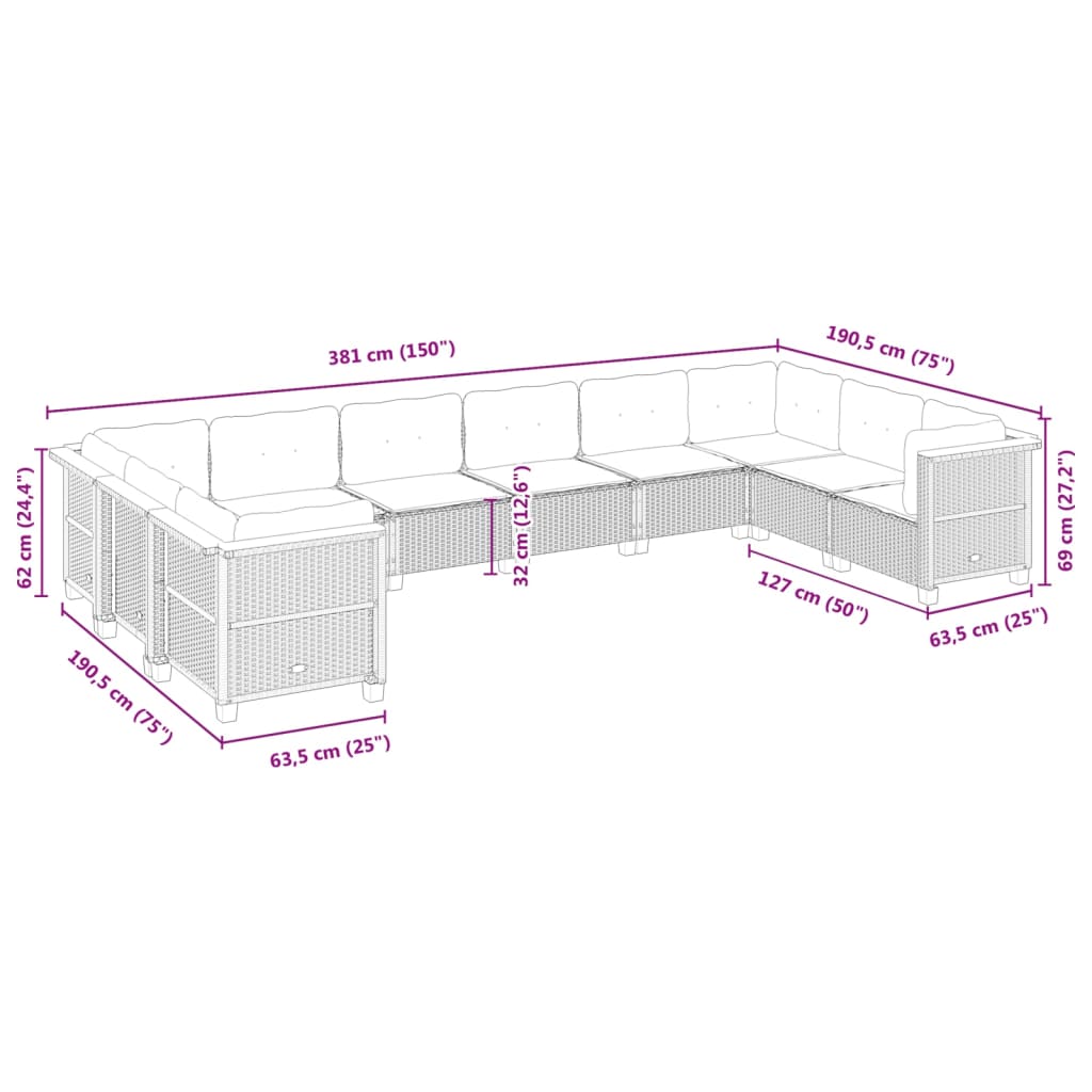 Salon de jardin avec coussins 10 pcs beige résine tressée
