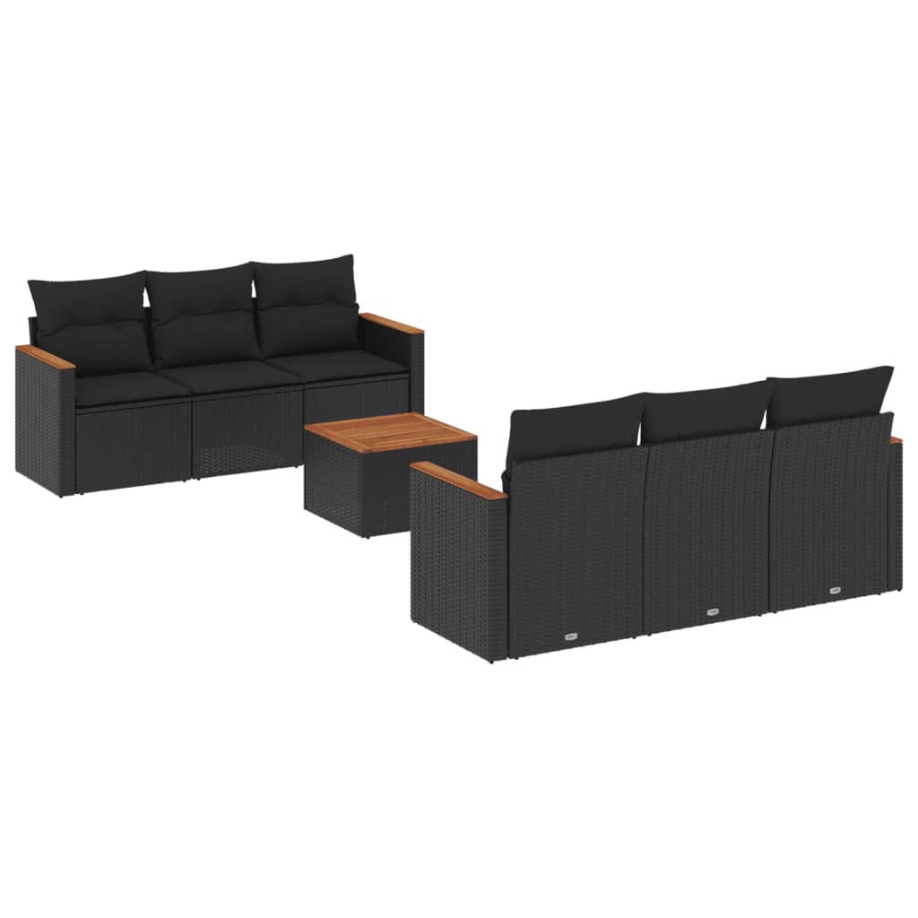 Salon de jardin 7 pcs avec coussins noir résine tressée