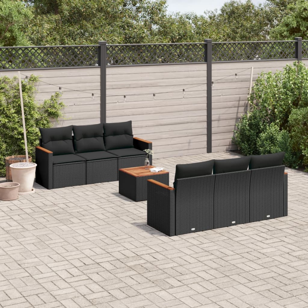 Salon de jardin 7 pcs avec coussins noir résine tressée