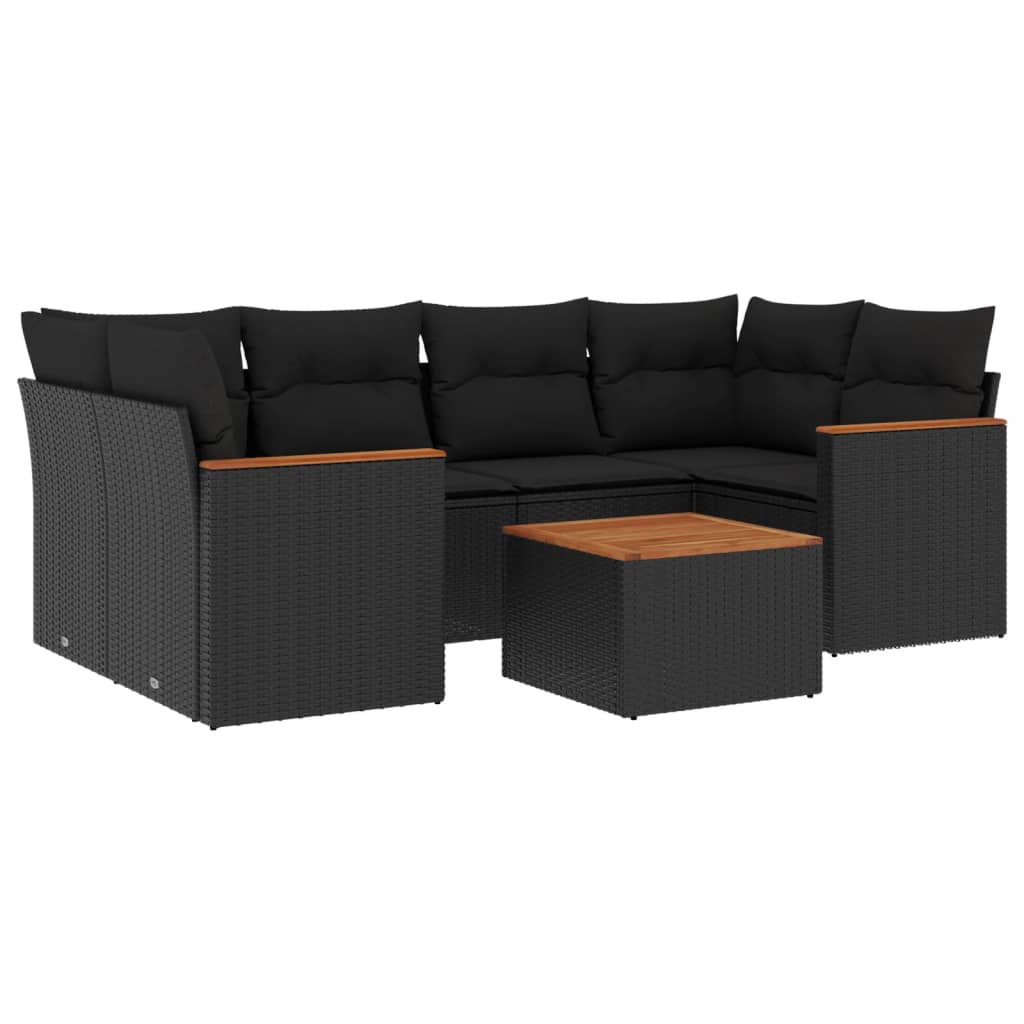 Salon de jardin 7 pcs avec coussins noir résine tressée
