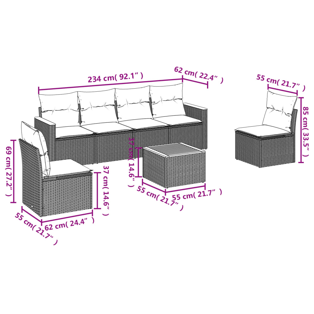 Salon de jardin avec coussins 7 pcs gris résine tressée