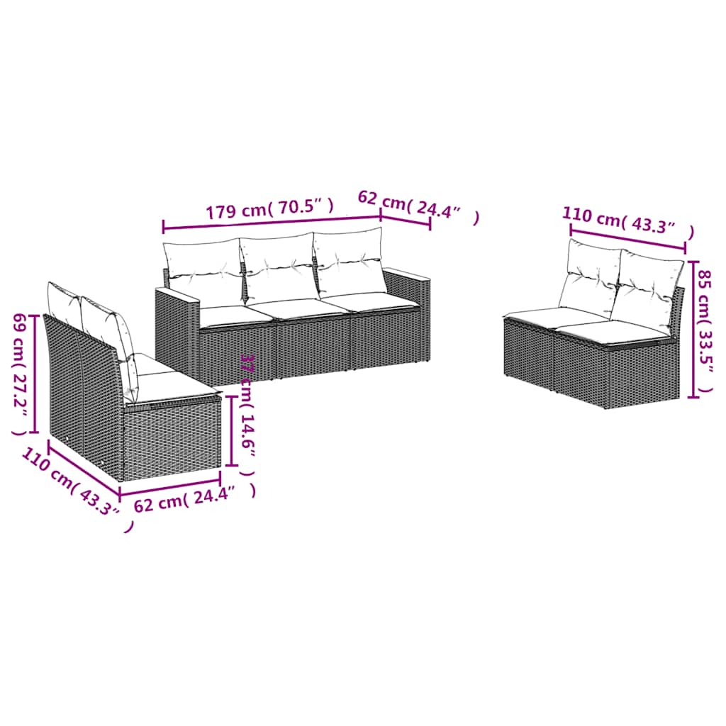 Salon de jardin 7 pcs avec coussins noir résine tressée
