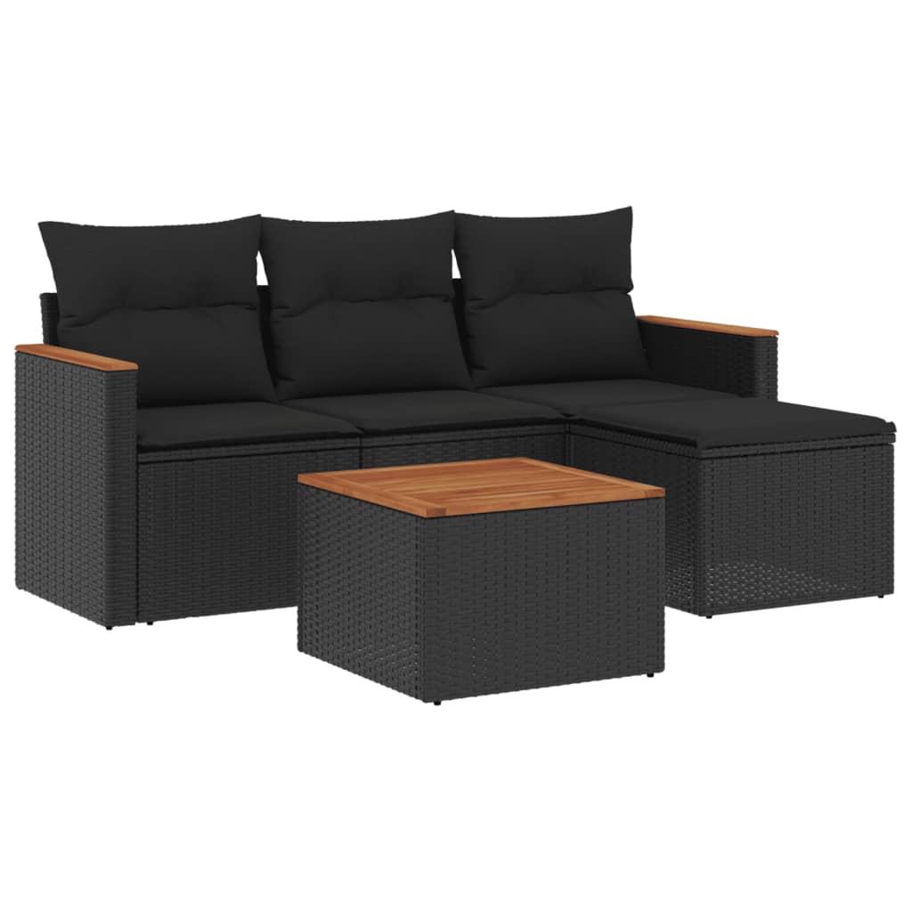 Salon de jardin 5 pcs avec coussins noir résine tressée