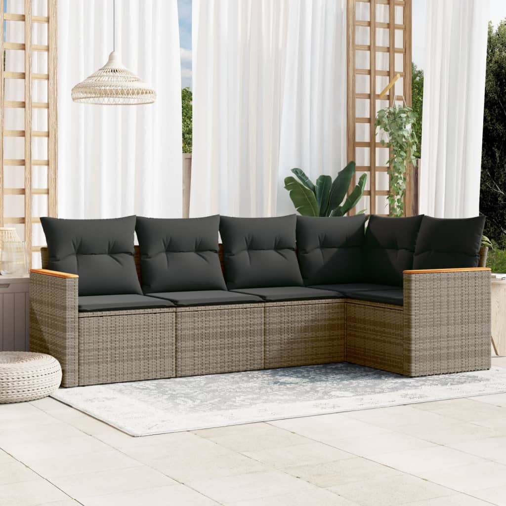 Salon de jardin 5 pcs avec coussins gris résine tressée