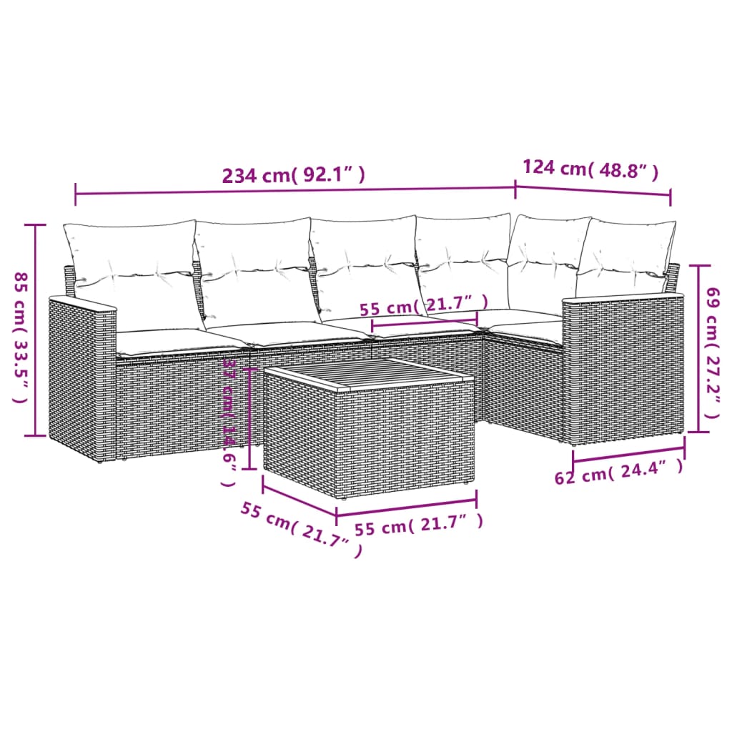 Salon de jardin 6 pcs avec coussins gris résine tressée