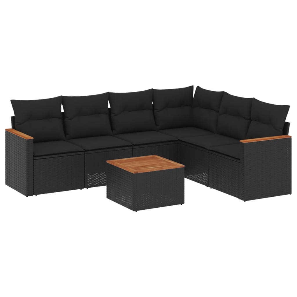 Salon de jardin 7 pcs avec coussins noir résine tressée