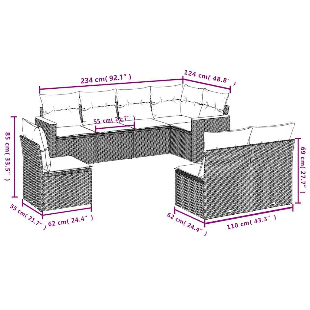 Salon de jardin 8 pcs avec coussins noir résine tressée