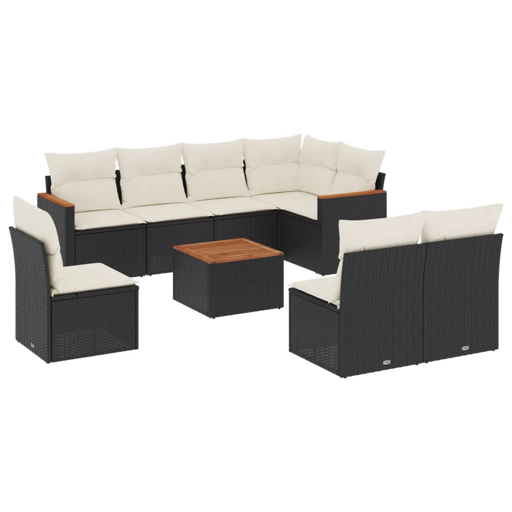 Salon de jardin 9 pcs avec coussins noir résine tressée