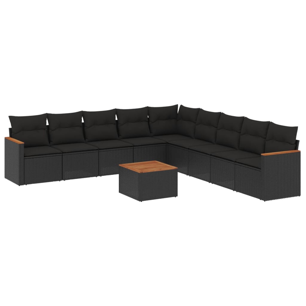 Salon de jardin 10 pcs avec coussins noir résine tressée