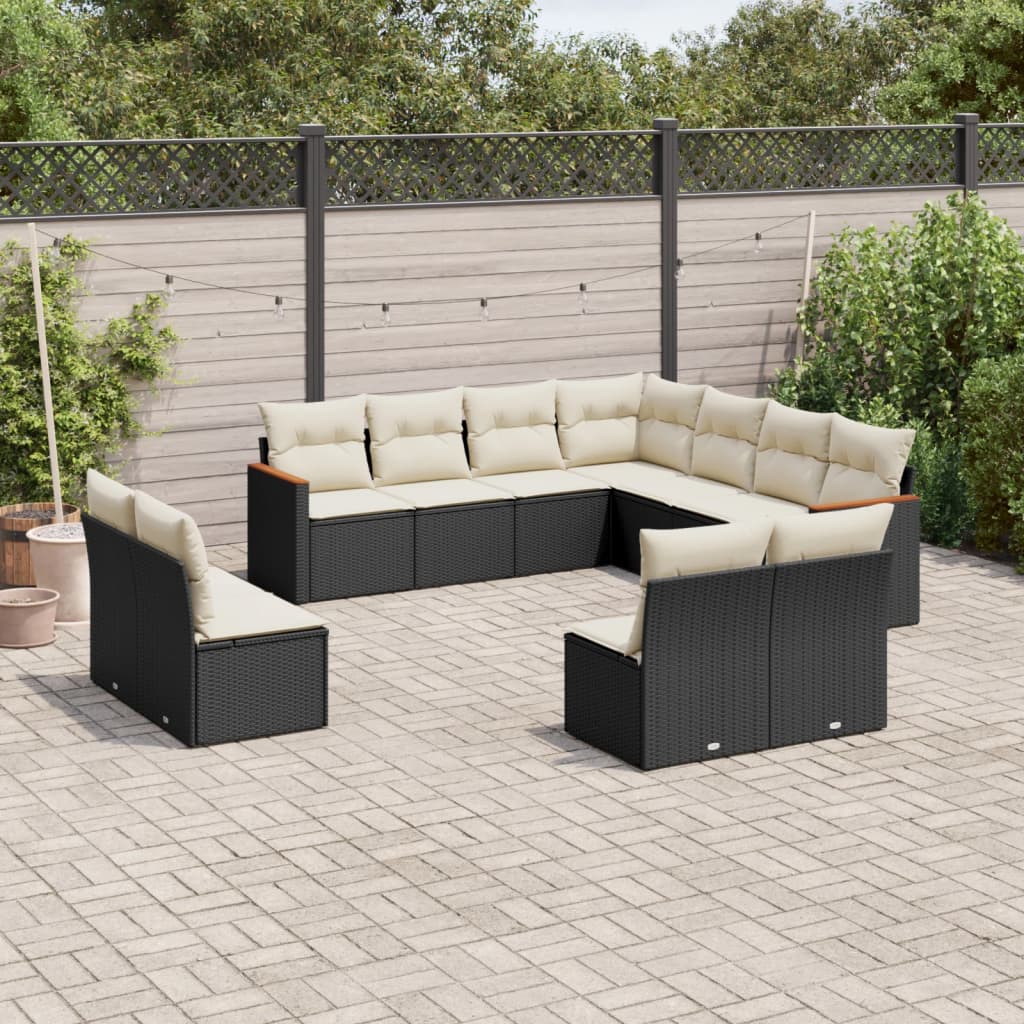 Salon de jardin 11 pcs avec coussins noir résine tressée