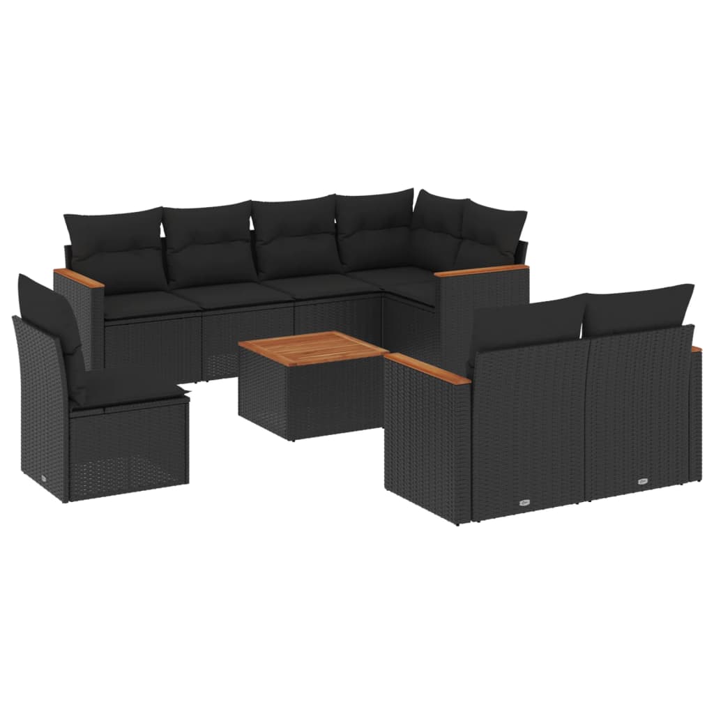 Salon de jardin 9 pcs avec coussins noir résine tressée