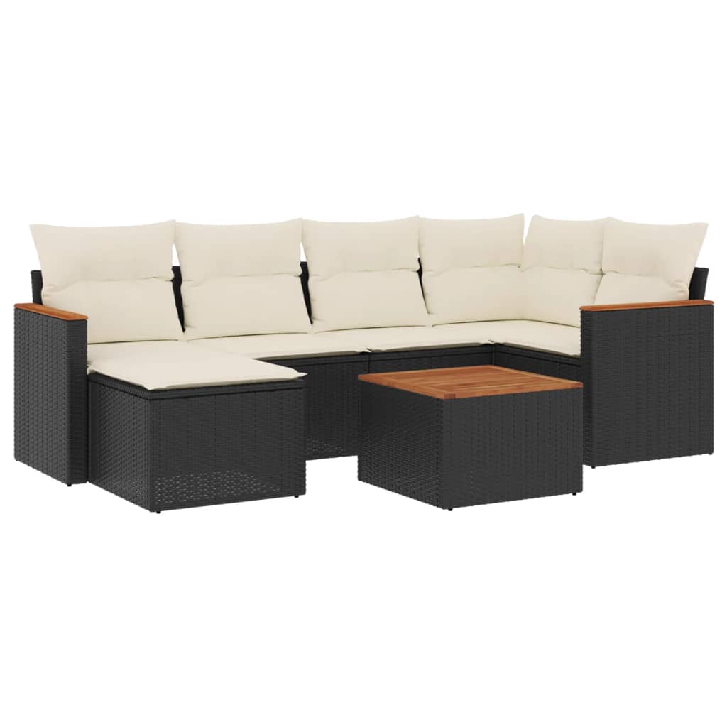 Salon de jardin 7 pcs avec coussins noir résine tressée